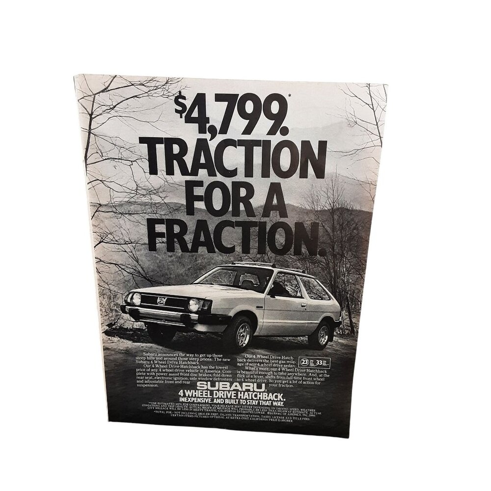 1980 Subaru 4 Wheel Drive Hatchback Car Original Print Ad vintage 80s